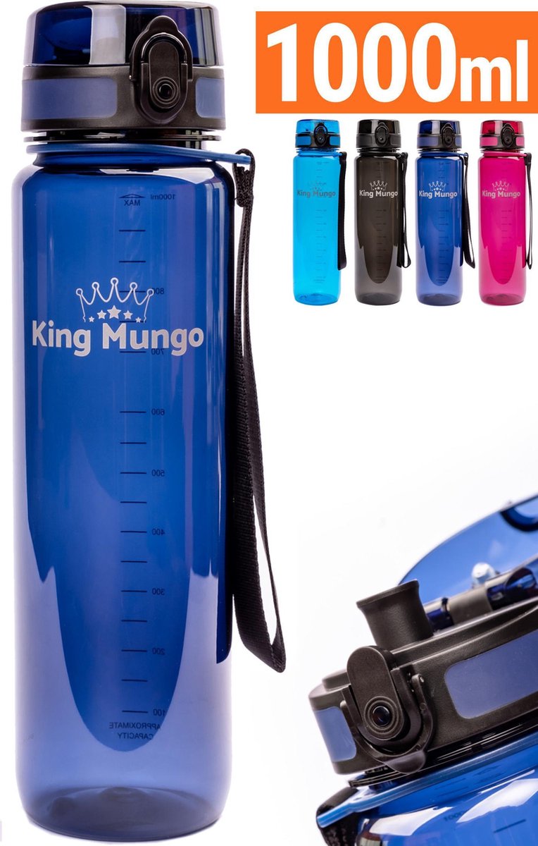 Waterfles 1 Liter Vaatwasserbestendig - Lekvrije 1L Drinkfles - Volwassenen & Kinderen - Sport Bidon Drinkbus - Donkerblauw - King Mungo

