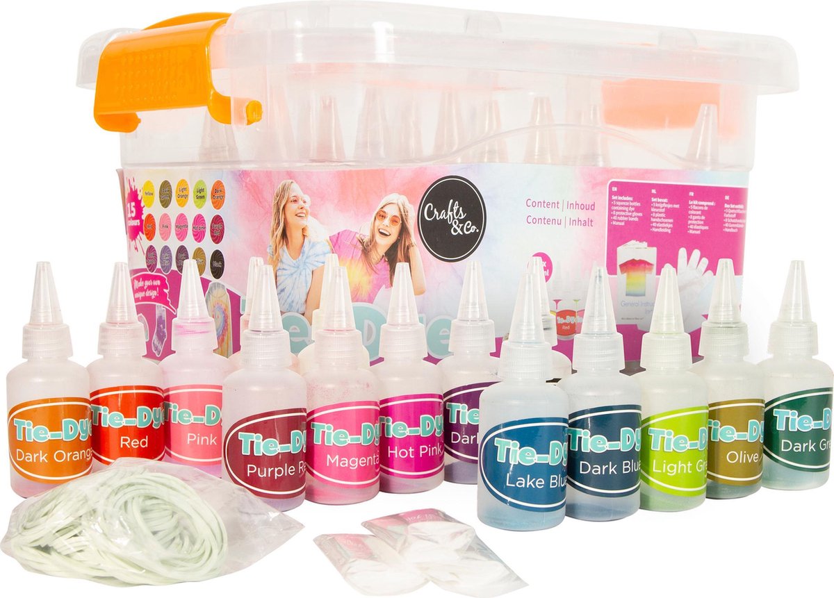 Crafts&Co Tie Dye Set /Tie Dye Kit -Tie Dye Verf - 15 Kleuren - Textielverf - Hobbyverf - DIY Knutselen Crafts&Co Tie Dye Set /Tie Dye Kit -Tie Dye Verf - 15 Kleuren - Textielverf - Hobbyverf - DIY Knutselen