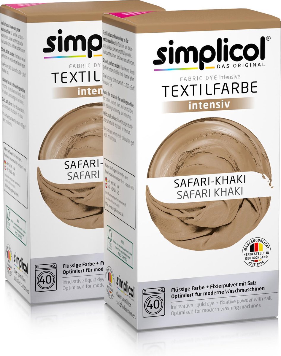 Simplicol Textielverf Intens - Wasmachine Textielverf - Safari Khaki - 2 stuks - 0,3L Totaal Simplicol Textielverf Intens - Wasmachine Textielverf - Safari Khaki - 2 stuks - 0,3L Totaal