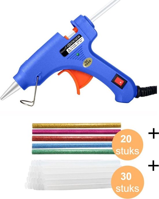 CoolGoods Professioneel Lijmpistool met 30x Lijmsticks en 20x gekleurde Lijmsticks - Glue Gun - Hobby/Knutselen/Klussen - 20W - Inclusief Lijmpatroon 7.2 mm Ø x 100 mm - Blauw
