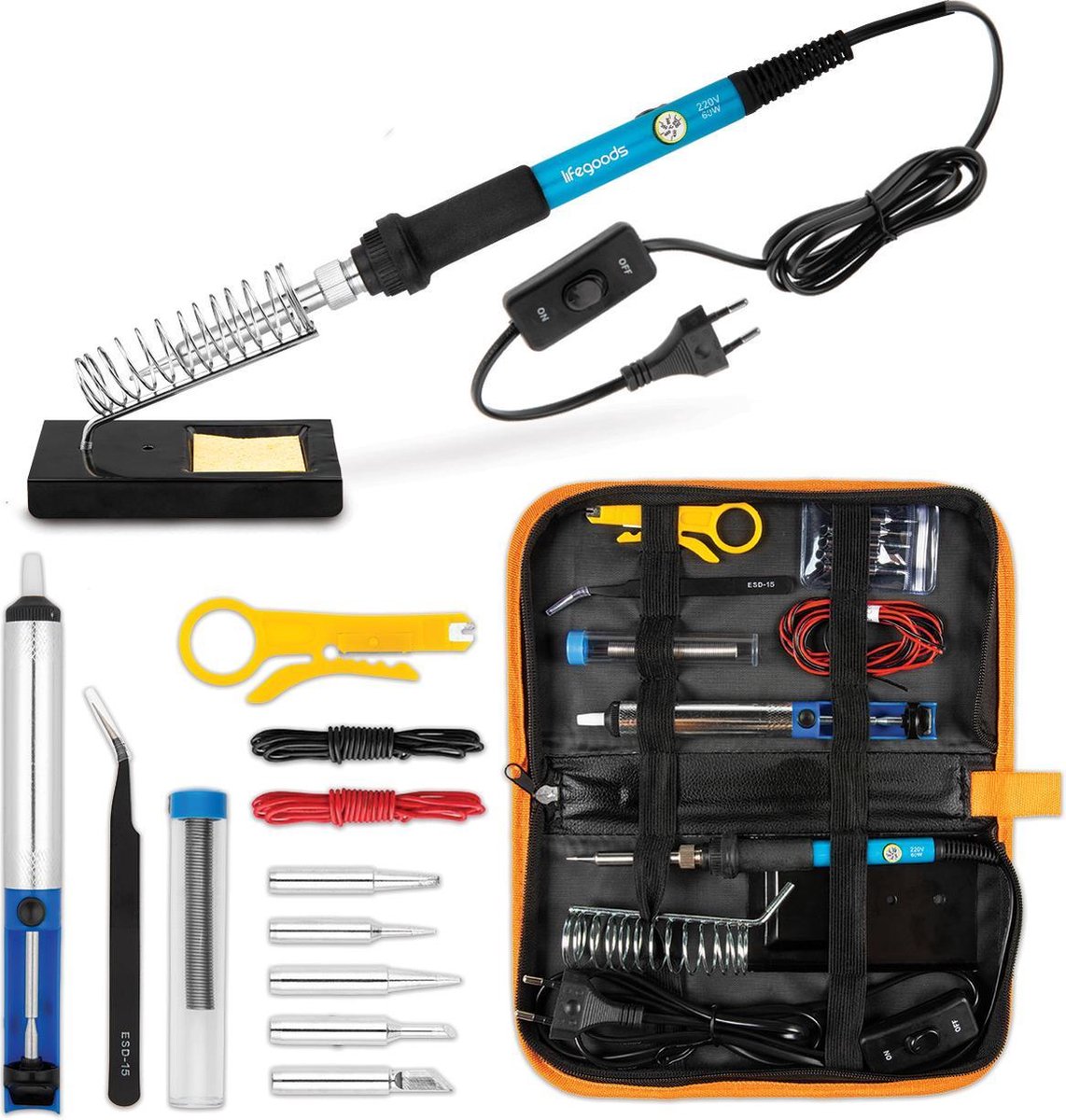 LifeGoods Soldeerbout Station - Set 14-Delig - Verwisselbare Punten - 200-450°C - 60W - Blauw/Oranje
