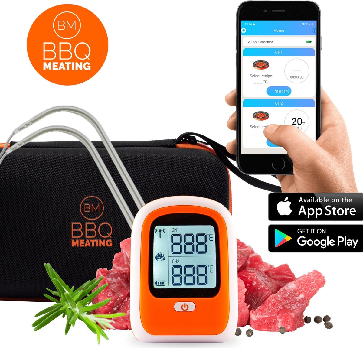 Bbq Meating Bbq Thermometer Digitaal met App en 2 Sondes - Beschermhoes - Magneet - Vleesthermometer Bbq Meating Bbq Thermometer Digitaal met App en 2 Sondes - Beschermhoes - Magneet - Vleesthermometer