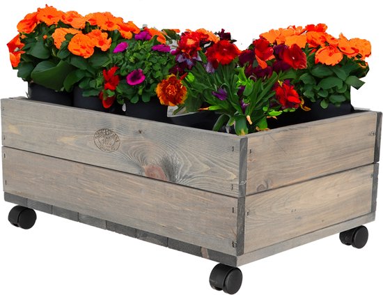 Esschert design plantenbak met zwenkwielen - vurenhout - 59 x 39 x 25 cm - bloembak voor buiten
