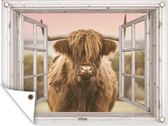 Tuinposter Schotse hooglander - Doorkijk - Koe - 120x90 cm