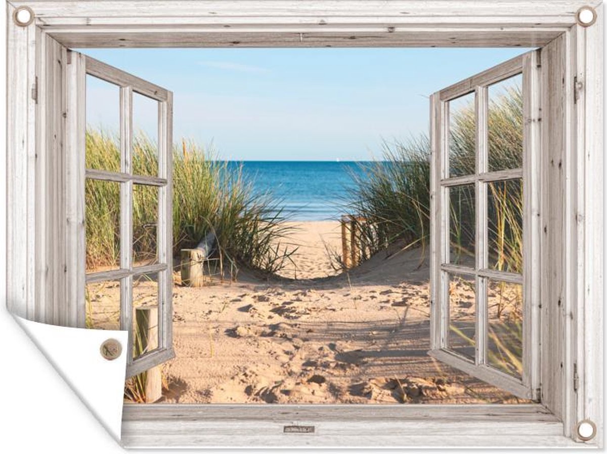 Tuinposter doorkijk door openslaand wit raam - Hollandse duinen - Strand - Zee - 120x90 cm - Tuindoek - Tuinposter - Tuin decoratie - Tuinposters buiten - Tuinschilderij