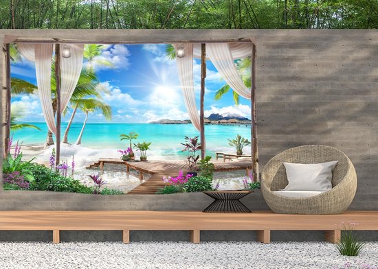 Ulticool - Doorkijk Strand Zee Natuur - Wandkleed Poster - 200x150 cm - Groot wandtapijt - Tuinposter Tapestry