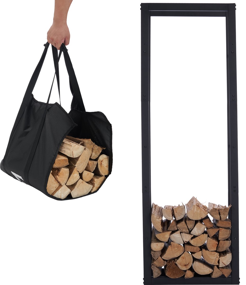 Lendo Online brandhoutrek 50x25x148cm + draagtas– Binnen en buiten - haardhout opslag – haardhoutrek – houtopslag – metaal
