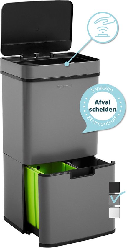 Homra Nexo Prullenbak Afvalscheiding 72 Liter - Grijze Sensor Prullenbak 3 vakken - 2x12L + 48L