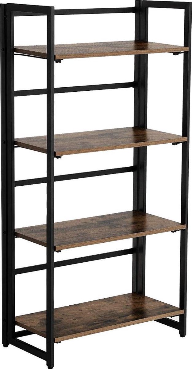 b'MIRA Home - Boekenkast- Boekenrek - Vakkenkast - Industrieel - Metaal - Hout - Inklapbaar - Vintage - Bruin 