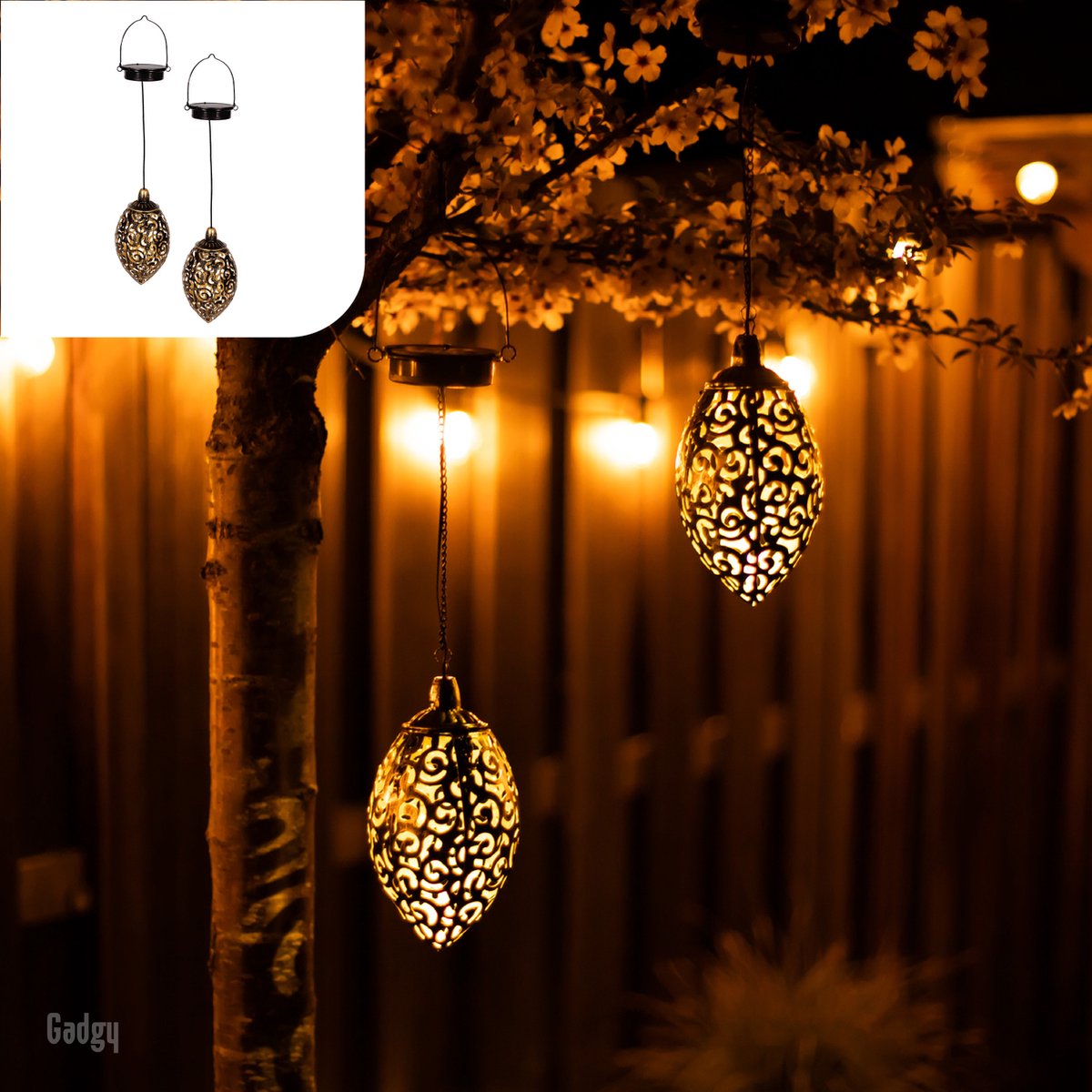 Gadgy Solar Hangende Oosterse Lantaarn 2st. - Solar Tuinverlichting op Zonneenergie – Led Buitenverlichting met Dag/Nacht Sensor - Tuinlantaarn - Brons - Metaal

