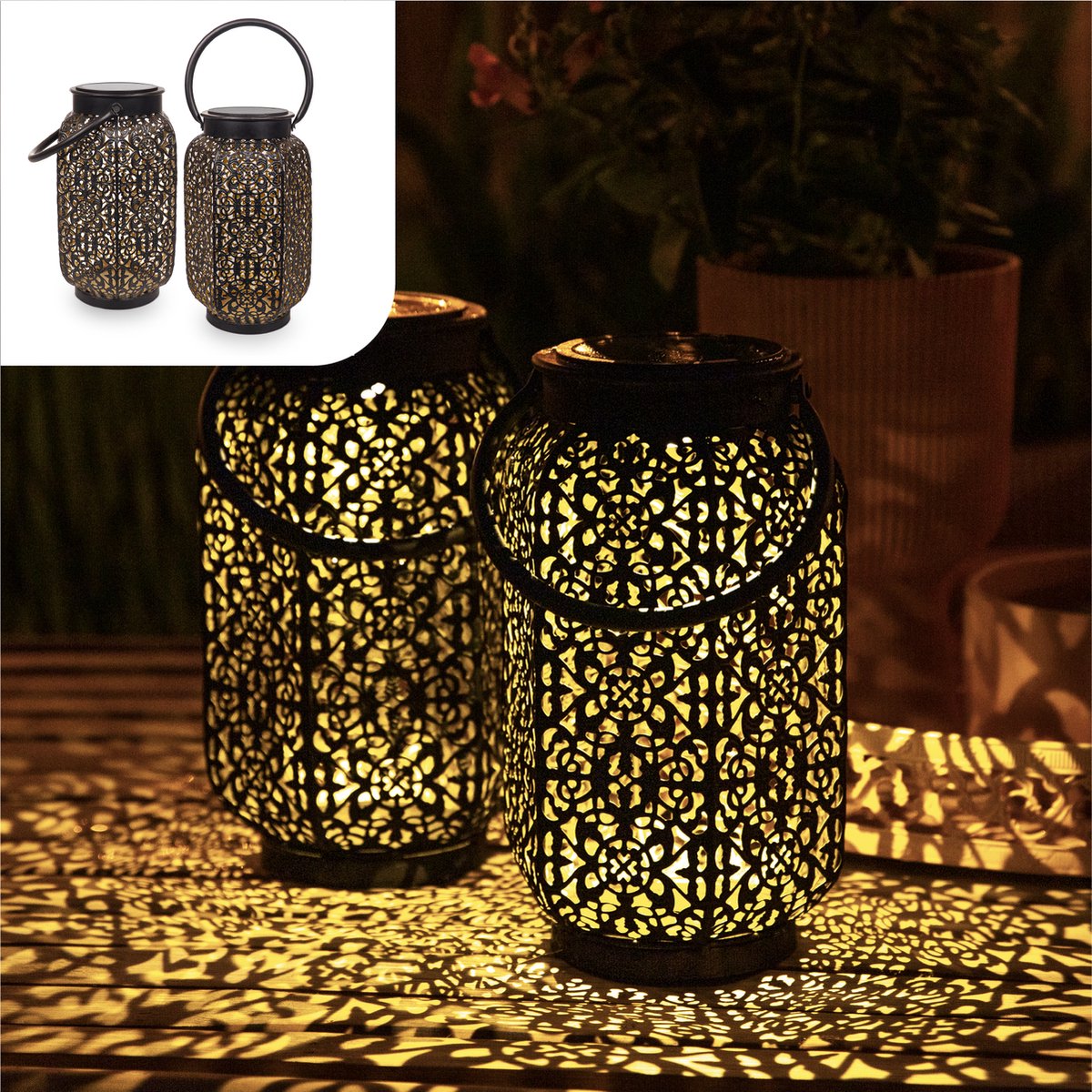 Gadgy Solar Oosterse Lantaarn XL - Tafellamp set van 2 - Solar Tuinverlichting op Zonneenergie - Led Buitenverlichting met Dag/Nacht Sensor - Hanglamp - Tuinlantaarn - 22xØ14CM - Metaal - Zwart
