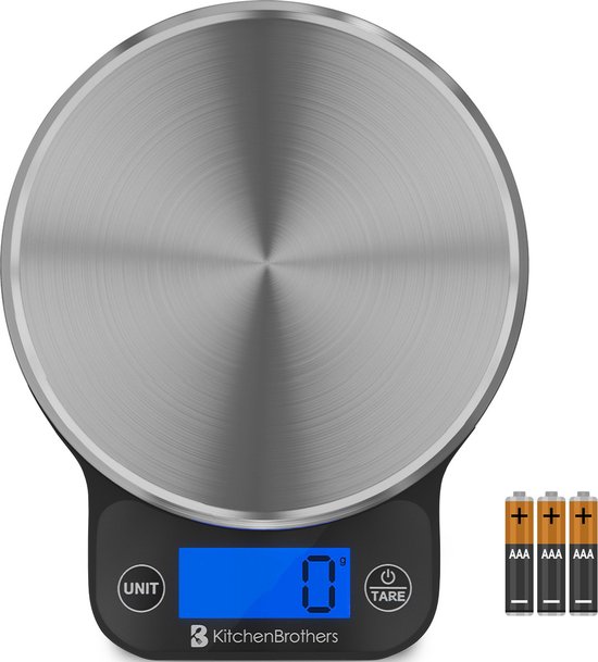 KitchenBrothers Keukenweegschaal - Weegschaal Keuken Digitaal - 1 g tot 6 kg - Tarra Functie - Inclusief Batterijen - RVS/Zwart
