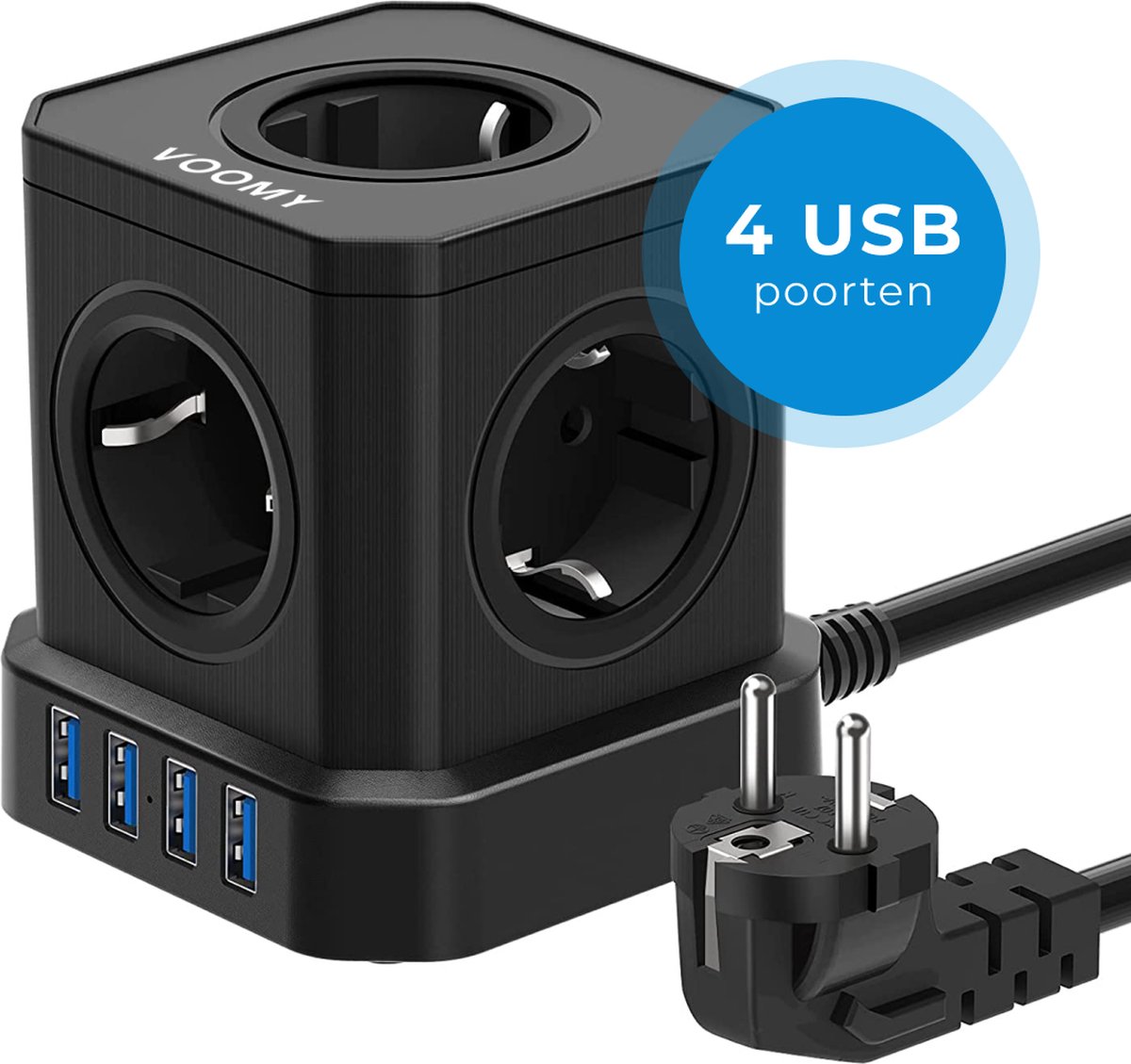 Voomy Cube Stekkerdoos met Schakelaar - 4 USB Poorten - 5 Stopcontacten - Zwart Voomy Cube Stekkerdoos met Schakelaar - 4 USB Poorten - 5 Stopcontacten - Zwart