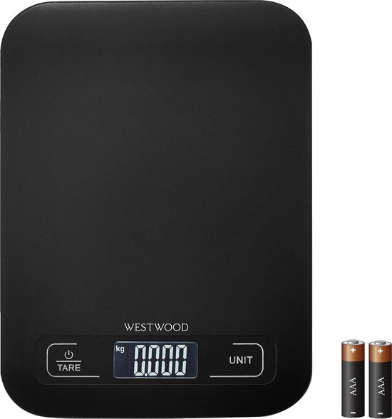 Westwood® Keukenweegschaal Digitaal - Weegschaal Keuken - Digitale Precisie Keukenweegschaal - 1 gr tot 5 kg - Tarra Functie - Inc. Batterijen - Zwart
