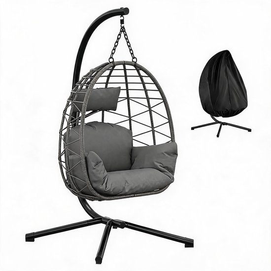 Hoerfuriy opvouwbare egg hangstoel zwart grijs rotan voor tuin en slaapkamer