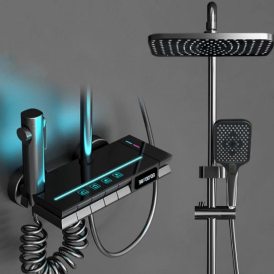 LED douchesysteem zwart met digitaal temperatuurdisplay en spiegeldouchekop