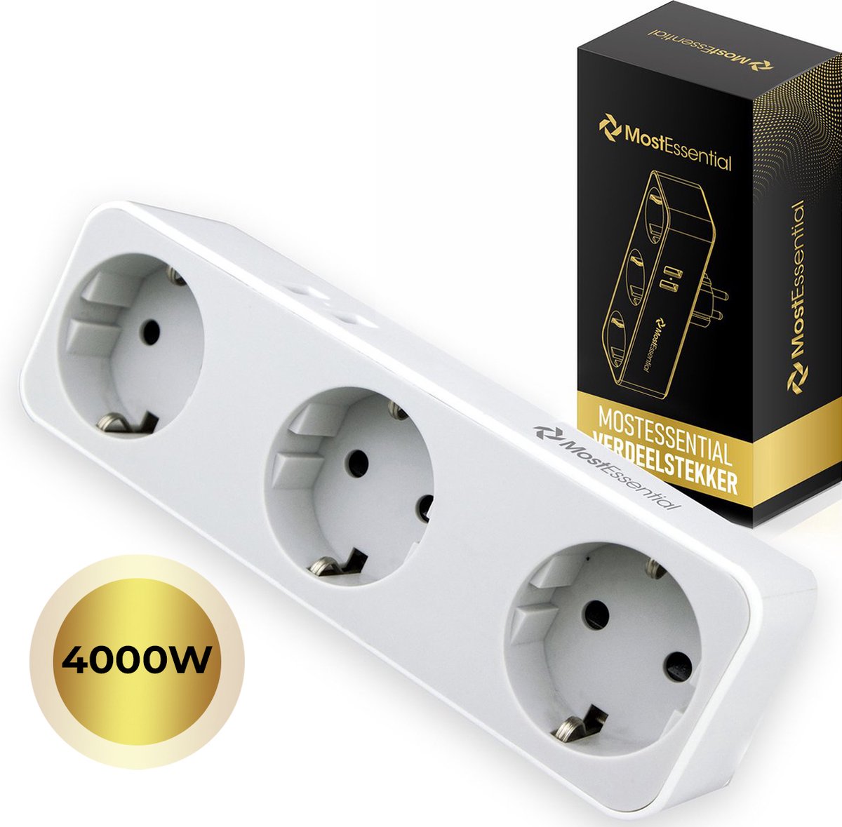 MostEssential Premium 5-in-1 Verdeelstekker - Stopcontact Splitter - 3 Stopcontacten & 2 USB-Poorten - Horizontaal - Wit MostEssential Premium 5-in-1 Verdeelstekker - Stopcontact Splitter - 3 Stopcontacten & 2 USB-Poorten - Horizontaal - Wit