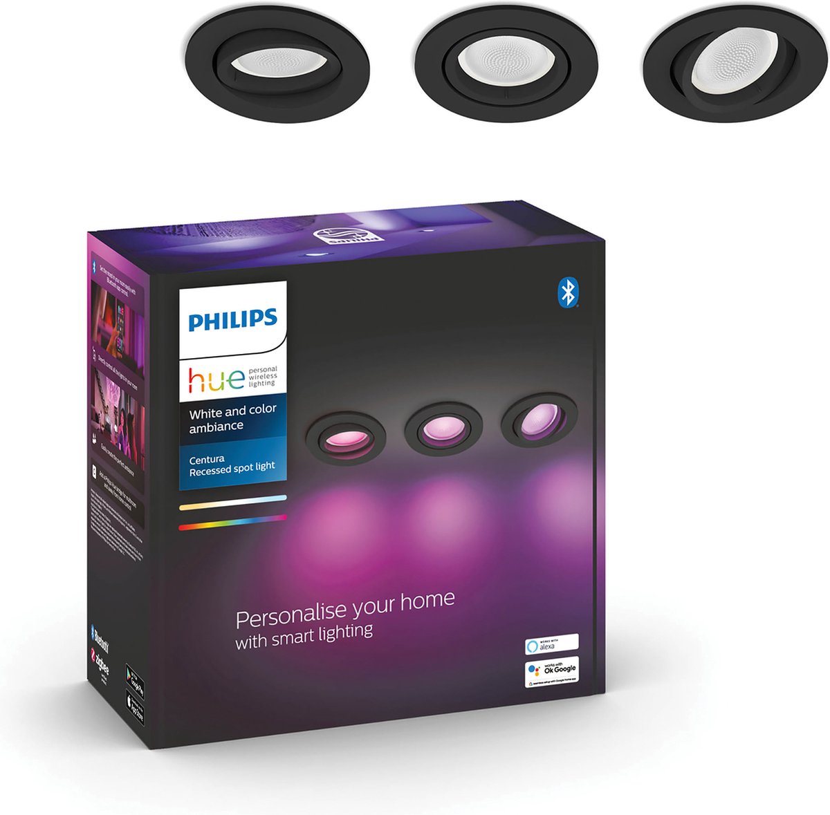 Philips Hue Centura inbouwspot - White and Color Ambiance - 3-pack - zwart - rond - Bluetooth Philips Hue Centura inbouwspot - White and Color Ambiance - 3-pack - zwart - rond - Bluetooth