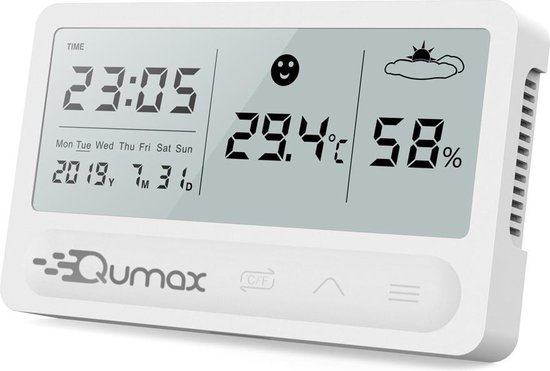 Qumax Digitale Hygrometer Binnen wit met comfortzone-indicator op het scherm