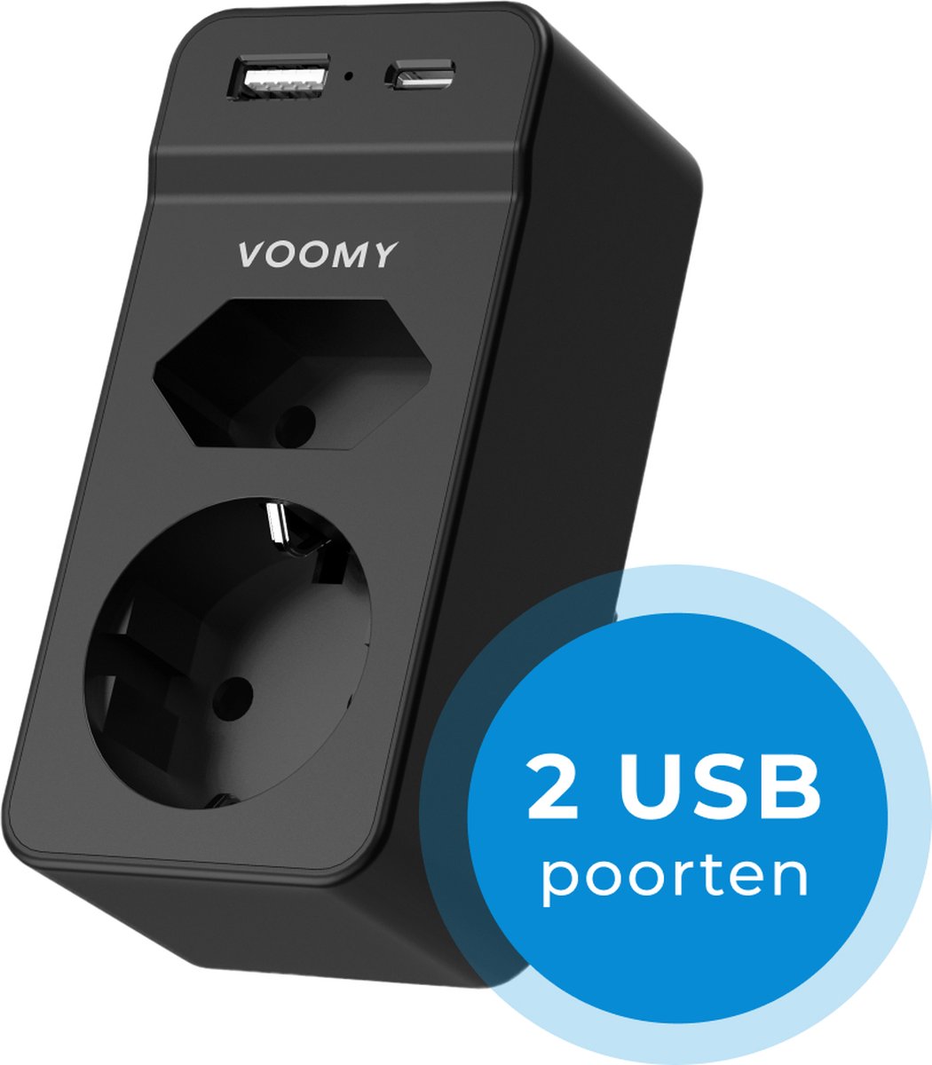 Voomy Verdeelstekker - 1 USB-C & 1 USB-A Poort - 2 stopcontacten - 4000W - Zwart Voomy Verdeelstekker - 1 USB-C & 1 USB-A Poort - 2 stopcontacten - 4000W - Zwart