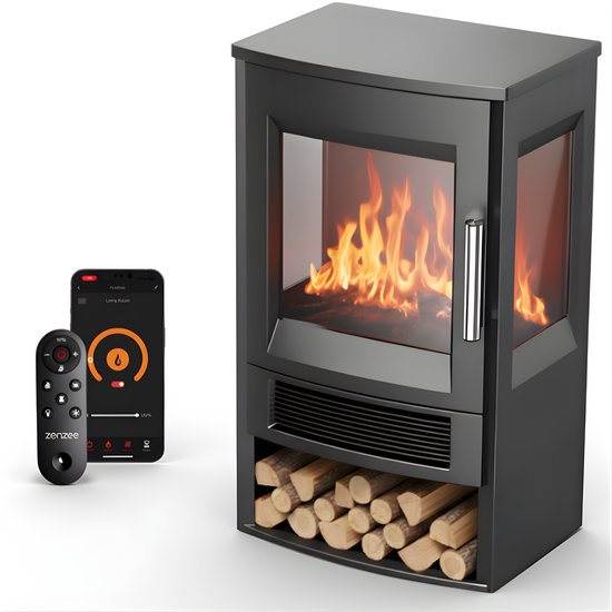 Zenzee elektrische sfeerhaard 1800W zwart met wifi-bediening en led-vlameffect