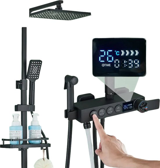 Zwarte douchekraan set met slimme digitale display en mengkraan voor badkamer